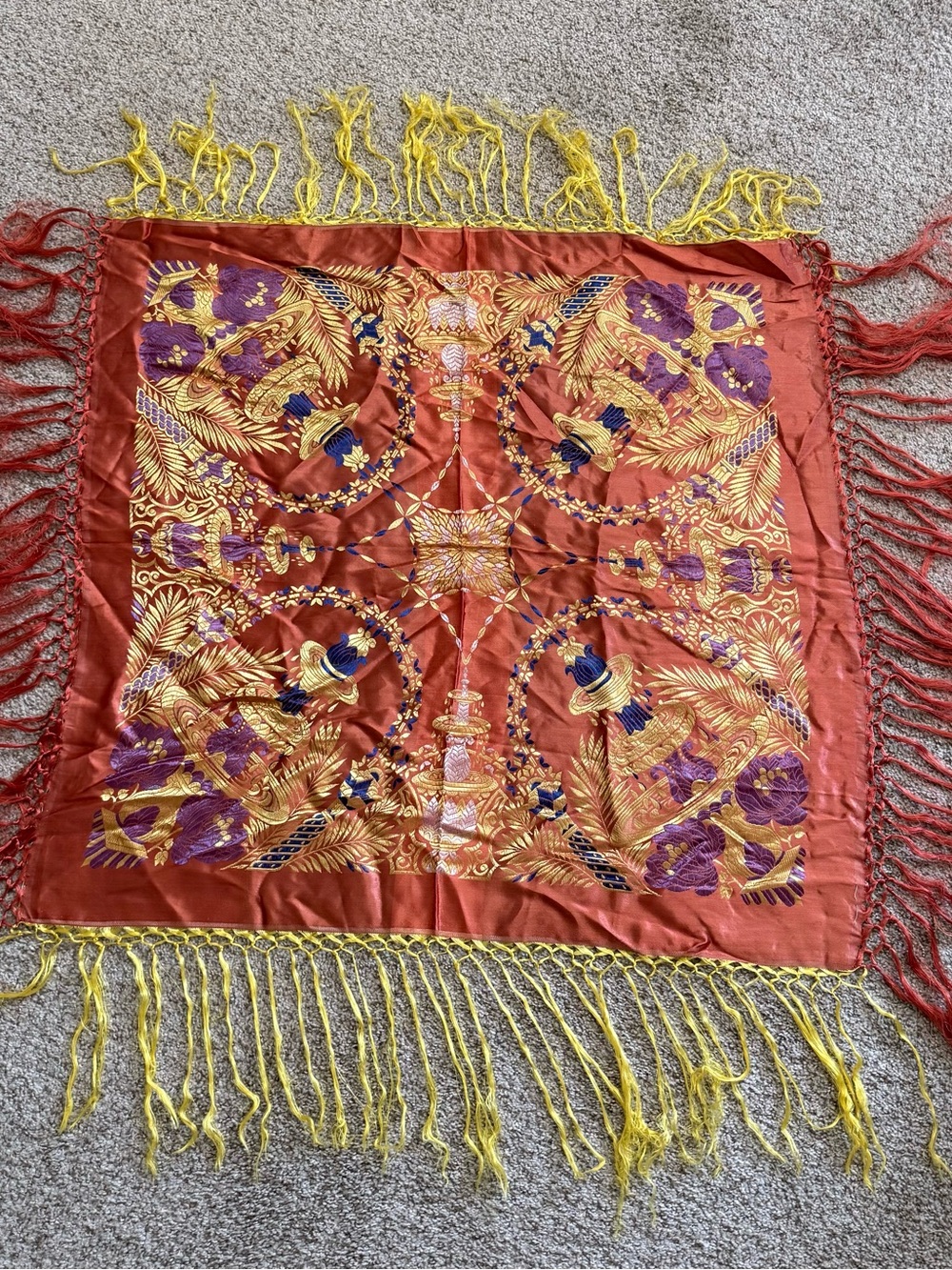 Vintage Japanese Piano Scarf Shawl Rust Red Gold Purple Fringed 33”x33”